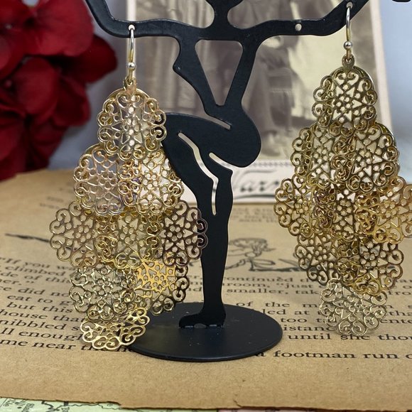 Two Pairs Gold Tone Boho Dangle Earrings - Picture 8 of 8